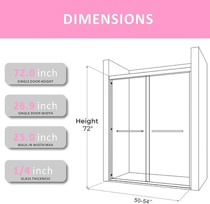 Chrome Shower Glass Door 50-54'' x 72'',Splash-Proof Adjustable Stainless Steel Rails Semi-Frameless Door Design,SGCC/ANSI Certified Clear Tempered Glass for Bathroom