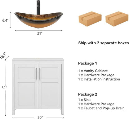 YOURLITE 30" Bathroom Vanity with Sink, White Bathroom Vanity with Faucet & Pop Up Drain Set,Traditional Vanity with Black Glass Bowl Bathroom Sink