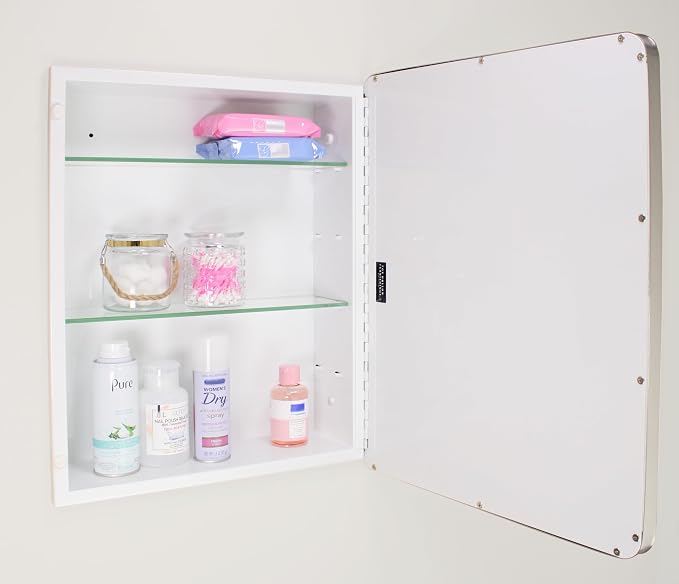 16x20 Austin Farmhouse Metal Framed Rounded Rectangle Recessed Bathroom Medicine Cabinet, Beveled Mirror, 14x18 in-Wall Opening, powder-coated Steel, Glass Shelves, Magnet Close, Brushed Nickel