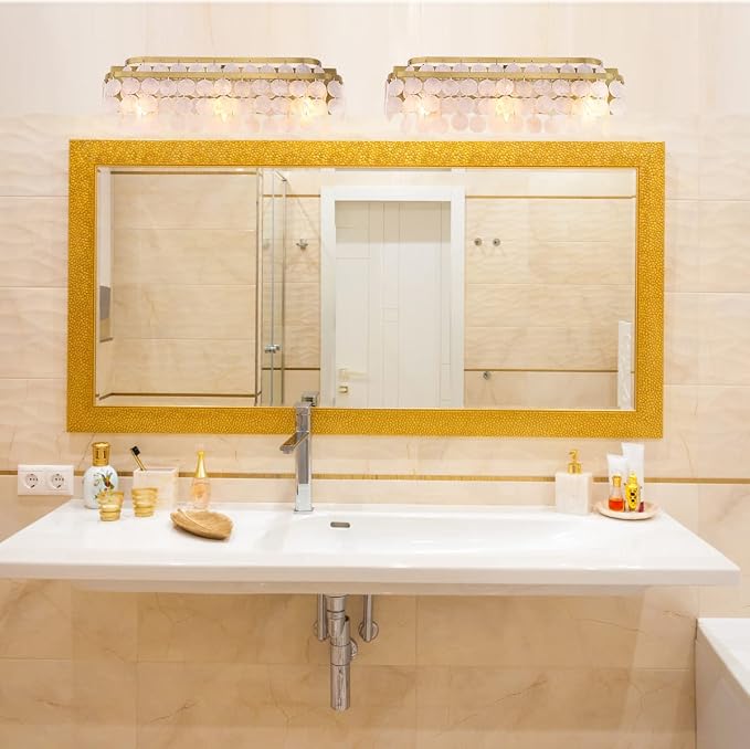 TOCHIC 3 Lights Vanity Light with Natural Capiz Shell Shade, Brushed Gold Bathroom Dimmable Vanity Light, Modern Wall Lighting Fixture for Mirror Cabinets, Powder Room, Bedroom, Living Room, 23”W