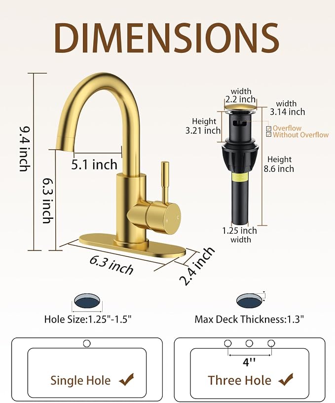 Bathroom Faucets, Bar Sink Faucet Single Hole for Bathroom Kitchen Campers with Pop-Up Drain Hose, Suitable for Farmhouse Vanity Lavatory