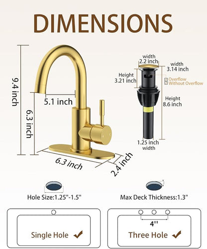 Bathroom Faucets, Bar Sink Faucet Single Hole for Bathroom Kitchen Campers with Pop-Up Drain Hose, Suitable for Farmhouse Vanity Lavatory