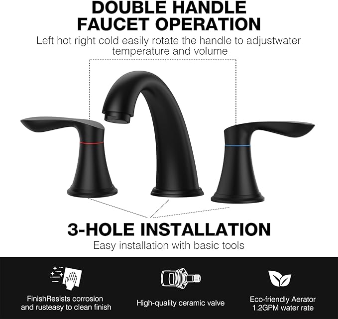 Bathroom Faucet, 8 Inch Bathroom Faucets for Sink 3 Hole, Widespread Brushed Nickel Bathroom Faucet with Pop up Drain and cUPC Lead-Free Hose (Matte Black)