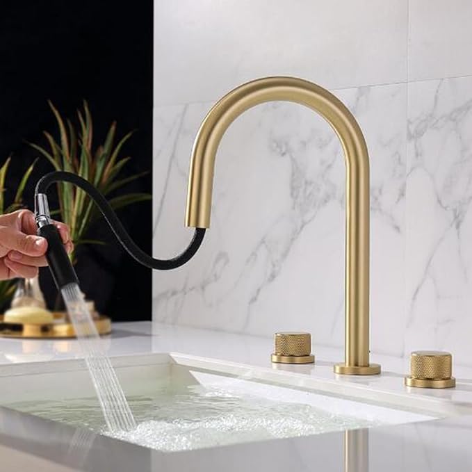 3 Hole Basin Mixer Faucet Pull Brass 3 Hole Bathroom Faucets Dual Mode 2 Handles-Brushed Gold