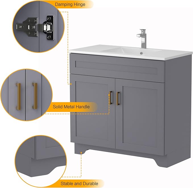 36 Inch Bathroom Vanity, Wooden Double Door Bathroom Storage Cabinet, Freestanding Modern Sink Cabinet Vanity Without Sink (Grey No Sink, 36")