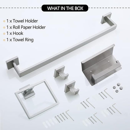 Brushed Nickel Bathroom Towel Bar Set Bathroom Accessories Hardware Set Including Towel Bar Towel Ring Coat Hook and Toilet Paper Holder with Shelf. Wall Mounted Stainless Steel