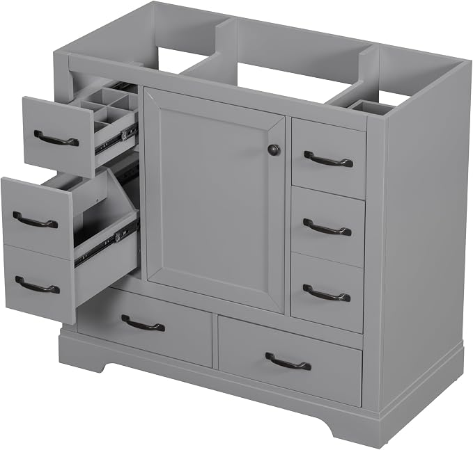 36" Bathroom Vanity Without Top Sink,6-Drawer Freestanding Cabinet Base with Multi-Functional Divider & Adjustable Shelf,Solid Wood MDF Vanity Only, Water Resistant,Grey