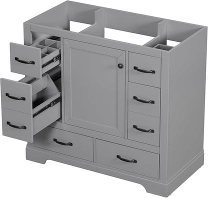36" Bathroom Vanity Without Top Sink,6-Drawer Freestanding Cabinet Base with Multi-Functional Divider & Adjustable Shelf,Solid Wood MDF Vanity Only, Water Resistant,Grey