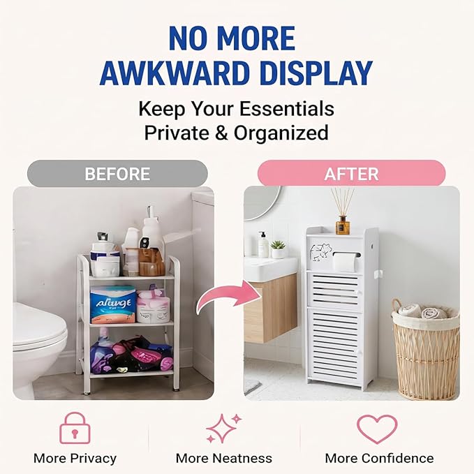BorealBear Slim Bathroom Storage Cabinet with Louvered Doors for Women, Narrow Freestanding Floor Cabinet to Store Pads Tampons Toiletries, 3-Tier Large Moisture-Resistant Organizer Small Space