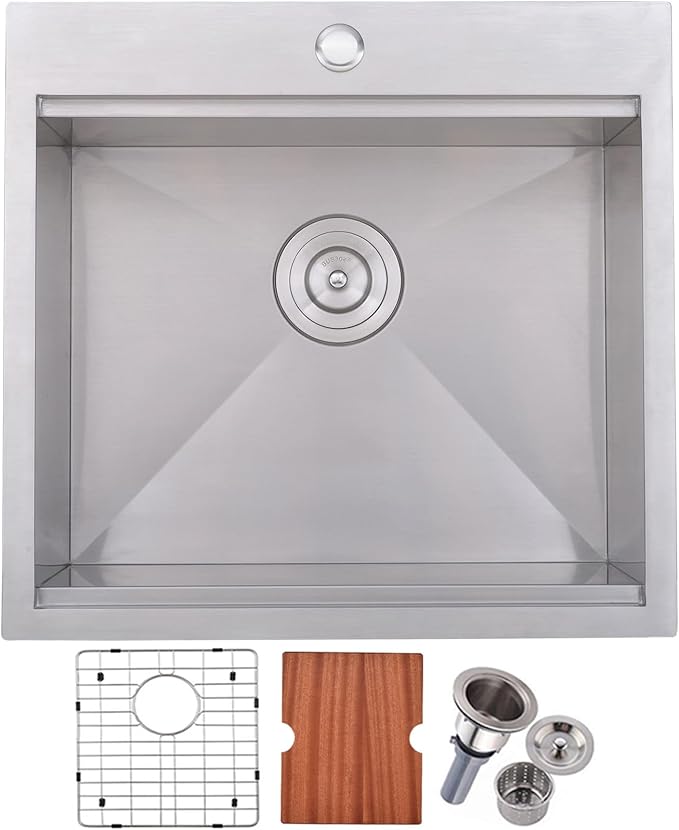KINGO HOME Drop in Bar Sink,20 x 21 Inch Single Bowl Small Kitchen Sinks,304 Stainless Steel Topmount Wet Bar Prep Sink With Grid&Drainer&Cutting Board