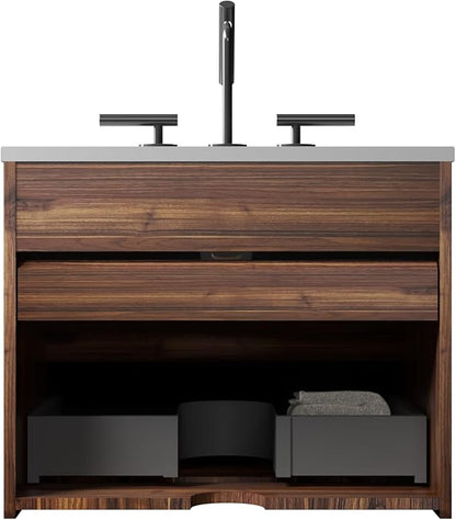 24" Floating Bathroom Vanity with Sink, Modern Wall Mounted Floating Vanity with Ceramic Sink, Double Soft-Close Drawers for Small Space, Apartment, Walnut+Black