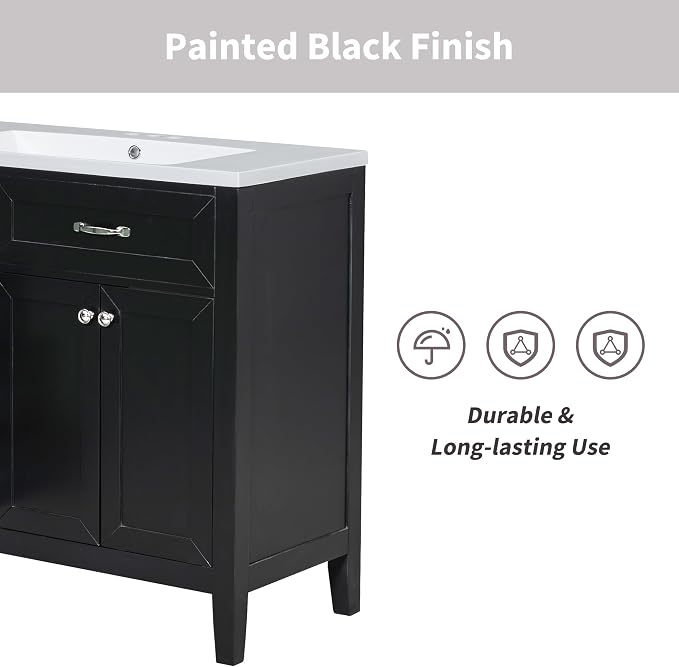 36 Inch Bathroom Vanities with Undermount Ceramic Sink, Storage Cabinet with Soft Closing Doors and Three Drawers, Solid Wood Frame, Black