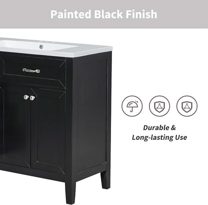 36 Inch Bathroom Vanities with Undermount Ceramic Sink, Storage Cabinet with Soft Closing Doors and Three Drawers, Solid Wood Frame, Black