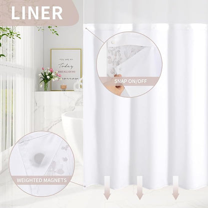 Litabel No Hook Brown Watercolor Floral Shower Curtain and Liner Set, 72x80 | Spring Flower Shower Curtains with Snap-in Liner for Farmhouse Bathroom Decor, Botanical Bathroom Curtain with Leaves