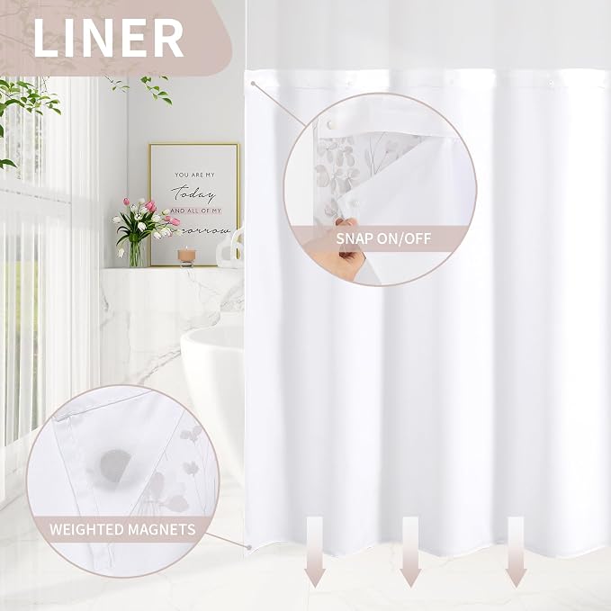 Litabel No Hook Brown Watercolor Floral Shower Curtain and Liner Set, 72x86 | Spring Flower Shower Curtains with Snap-in Liner for Farmhouse Bathroom Decor, Botanical Bathroom Curtain with Leaves
