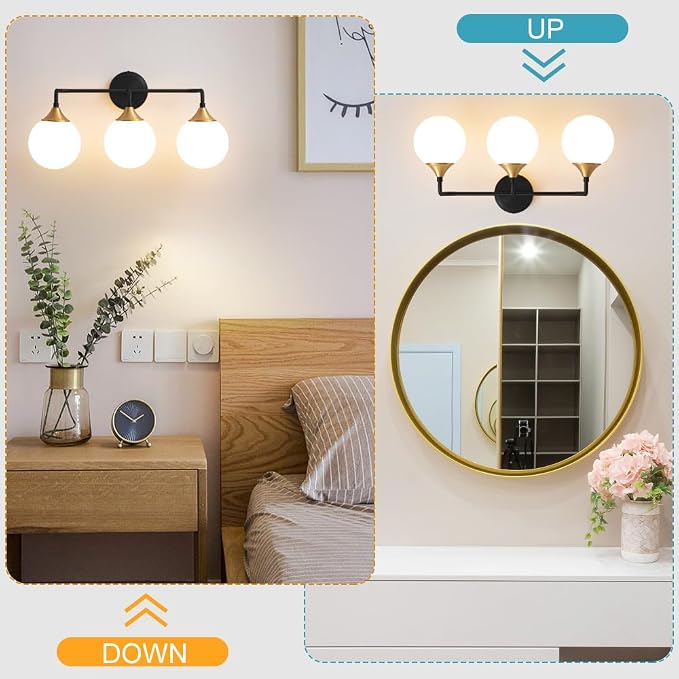 Black Gold Bathroom Light Fixtures Over Mirror Vanity 3-Light | Mid Century Modern Matte Black Gold Wall Sconce with Milky White Glass Ball Shades for for Bathroom Dressing Table Bedroom