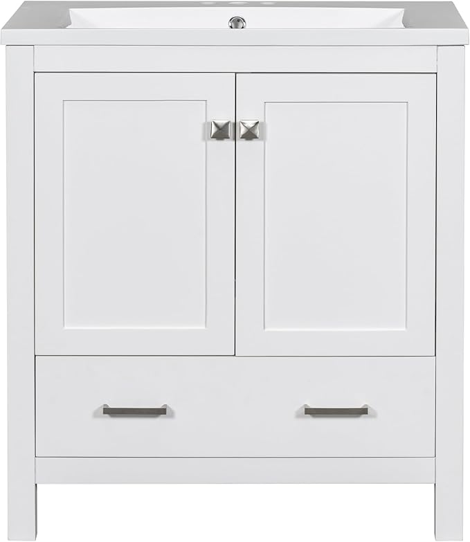 LUMISOL 30" Bathroom Vanity Set with Sink, Solid Wood Bathroom Cabinet with One Drawer and Two Doors, Multi-Function Storage Organizers, Undermount Sink Basin, White