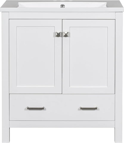 LUMISOL 30" Bathroom Vanity Set with Sink, Solid Wood Bathroom Cabinet with One Drawer and Two Doors, Multi-Function Storage Organizers, Undermount Sink Basin, White