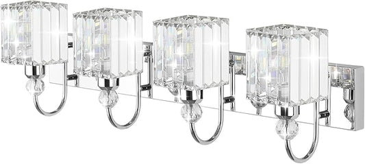 Ralbay Chrome Crystal Vanity Light 4-Lights 31.5'' Modern Bathroom Wall Lighting Over Mirror