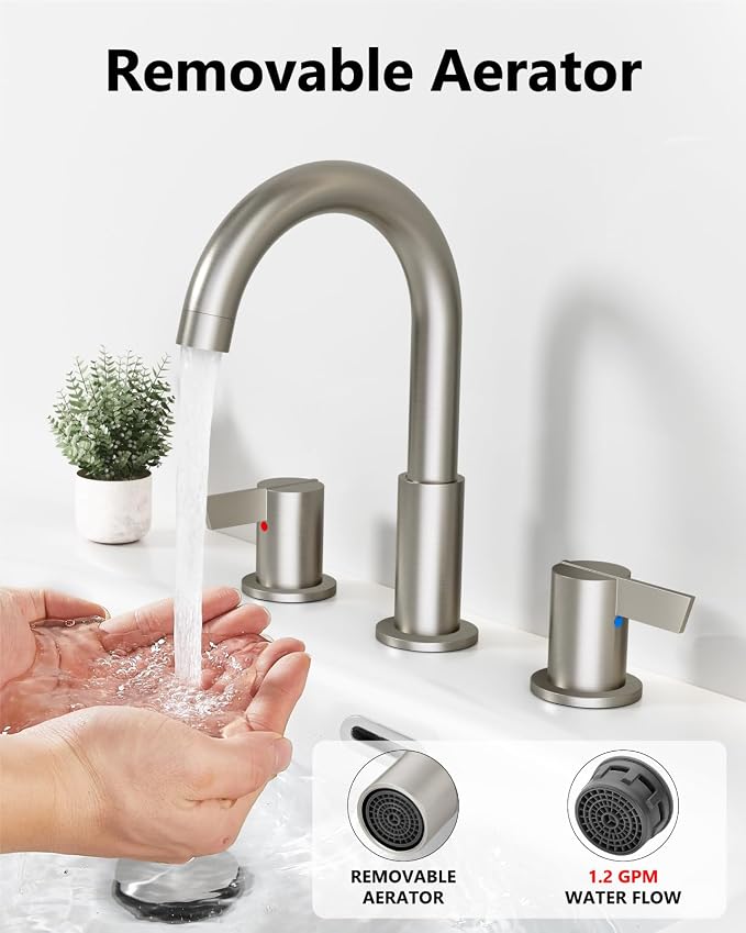 Brushed Nickel Bathroom Faucet 3 Hole, 8 Inch Widespread 2-Handle | SUS304 Stainless Steel, 2-Handle Control, Pop-Up Drain, Supply Lines and Mounting Hardware for 8-Inch Widespread Vanity Sinks