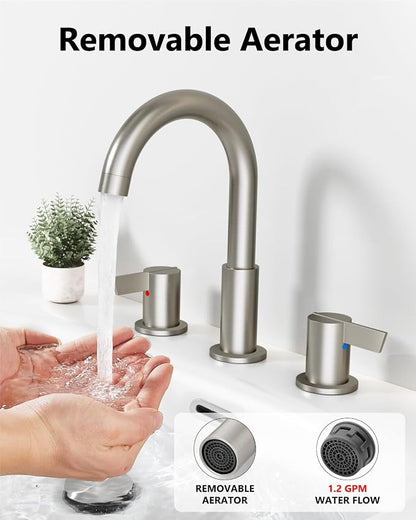 Brushed Nickel Bathroom Faucet 3 Hole, 8 Inch Widespread 2-Handle | SUS304 Stainless Steel, 2-Handle Control, Pop-Up Drain, Supply Lines and Mounting Hardware for 8-Inch Widespread Vanity Sinks