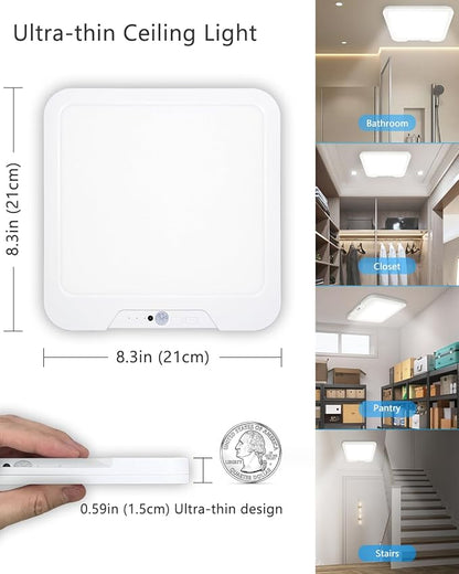 2 Pack Rechargeable Motion Sensor Ceiling Lights for Hallway (Square) | Magnetic Mount Dimmable Closet Light with Remote, 7000mAh Battery Operated, 3 Color Modes, Wireless Installation