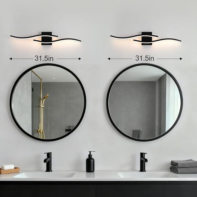 Black Curved Bathroom Vanity Light Fixture Over Mirror, 31.5 inch Modern LED Wall Lamp 5CCT Dimmable Bathroom Light Fixture Modern Vanity Lighting Wall Sconces
