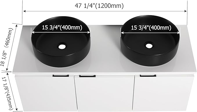 48 Inch Bathroom Vanity with Sink, 48" Floating Bathroom Vanity with Double Vessel Sinks, Modern Wall Mounted Cabinet Set, White Storage Cabinet with 3 Soft Close Doors and 2 Black Ceramic Basin Sinks