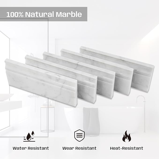 Carrara White Marble Baseboard Trim Molding, Polished, 4 Pcs | 5"x12"Marble Wall Skirting Base Trim Moulding for Shower Bathroom Kitchen Backsplash, Protects Wall, Easy to Install, Durable