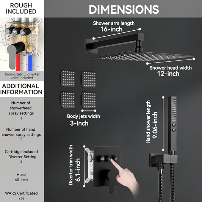 Shower System with 4 Body Jets Matte Black, STARBATH 12" Square Wall Mounted Rain Shower with Handheld Sprayer, Can Use All at Once, Push Button Complete Shower Faucets Sets with Valve and Trim Kit