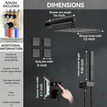 Shower System with 4 Body Jets Matte Black, STARBATH 12" Square Wall Mounted Rain Shower with Handheld Sprayer, Can Use All at Once, Push Button Complete Shower Faucets Sets with Valve and Trim Kit