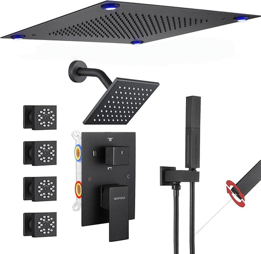 VANFOXLE Shower Faucet Set Matte Black Shower System,Shower Faucet with 2 in 1 Handheld,Ceiling Mount 16 Inch LED Shower Head+6 Inch Shower Head(Rough-in Valve Body and Trim)