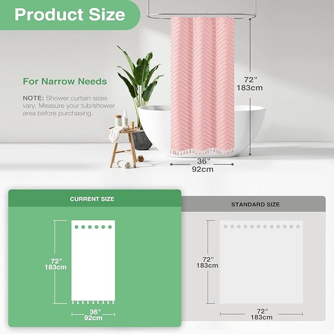 Dynamene Stall Fabric Shower Curtain, 36x72 inch Half Boho Tufted Chevron Striped Small Cloth Shower Curtains for Bathroom, Narrow Thick Waterproof Polyester Shower Curtain Set with 6 Hooks, Pink