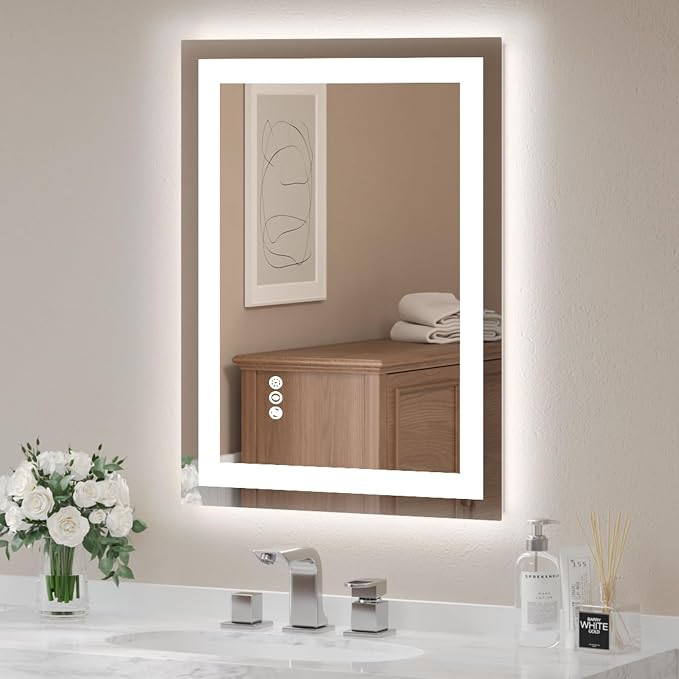 LED Bathroom Mirror 24x32 Inch | Tempered Glass - Frameless Backlit Lighted Mirror for Bathroom Vanity with Anti-Fog, 3 Colors Dimmable, Memory Function,