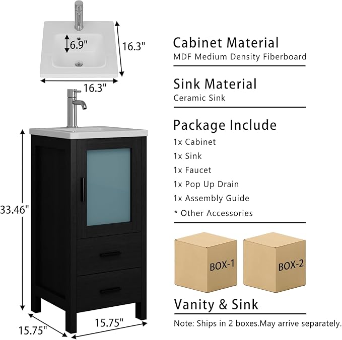 wonline 16 Inch Modern Bathroom Vanity with Sink, Single Bathroom Cabinet Vanity for Small Space, Freestanding Storage Drawered Cabinet with Faucet & Pop Up Drain, Black