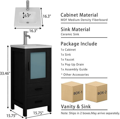 wonline 16 Inch Modern Bathroom Vanity with Sink, Single Bathroom Cabinet Vanity for Small Space, Freestanding Storage Drawered Cabinet with Faucet & Pop Up Drain, Black