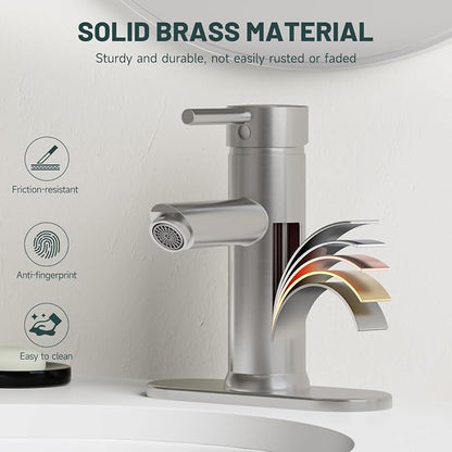 Bathroom Faucet for 1 or 3 Holes, Brushed Nickel, Brass | Single Handle Bathroom Sink Faucets, Modern Commercial Lavatory Vanity Faucet, with Deck Plate and Supply Line, Pop Up Drain