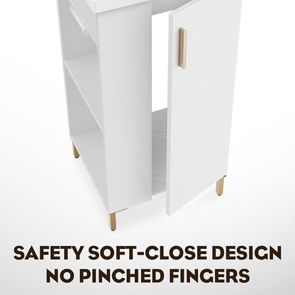 16 Inch White Pre-Assembled Bathroom Vanity Fit for Small Space, Bathroom Vanity with Ceramic Sink,Soft Close Door, Left Side Storage,Compact Modern Design,No Faucet,BV05-16-WHITE-PLUS-0128