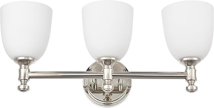 Bathroom Vanity Light, 3-Light Bathroom Light Fixtures Over Mirror, Traditional Vanity Lights for Living Room, Milk White Bell Glass Shades, Standard E26 Base, Polished Nickel