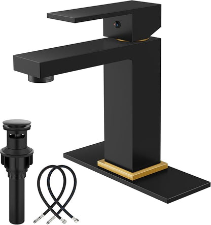 Midanya Bathroom Faucets 1 Hole, Single Handle Stainless Steel Bathroom Sink Faucet, Modern Vanity Faucets with Deck Plate,Water Supply Hoses and Pop Up Drain,Matte Black Handle and Brushed Gold