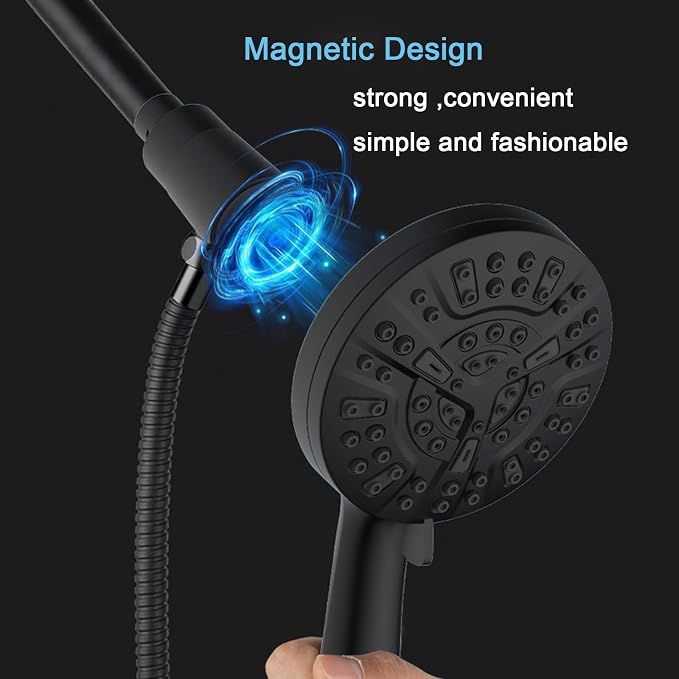 High Pressure Shower Head with Magnetic Back Fixed Base Design ,Handheld Showerhead with Hose Set Stainless Steel 59 inches/5 ft 10-Setting 5 inches Large Face ,Chrome Finish