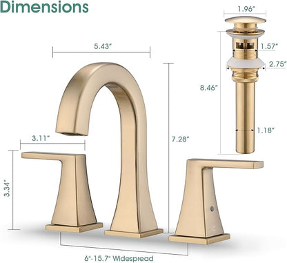 Bathroom Faucets for Sink, 2 Handle Widespread Bathroom Sink Faucet, 3 Hole Modern Stainless Steel Faucet with Pop-up Drain and Water Supply Lines, Brushed Golden