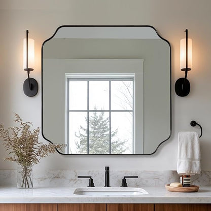 30x30 Inch Square Mirror, Matte Black Vanity Mirror, Modern Scalloped Bathroom Mirror in Premium Stainless Steel Metal Thin Frame, Unique Rounded Notched Corners