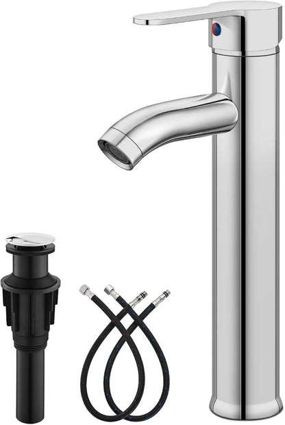 gotonovo Modern Vessel Sink Faucet with ABS Pop Up Drain, Polish Chrome | Modern Tall Bathroom Faucet 1 Hole Single Handle Round Body, cUPC Water Supply Hoses, Basin Mixer Tap for Vanity Lavatory Rv