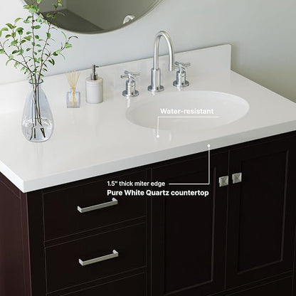 ARIEL Cambridge 42-inch Bathroom Vanity with Sink,Solid Wood, 1.5-inch Pure White Quartz Countertop & Backsplash, Single Oval Porcelain Sink, 2 Soft Closing Doors, 5 Dovetail Drawers, Espresso