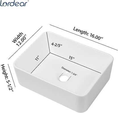 Lordear Vessel Sink Rectangular 16"x12" Rectangle Bathroom Sink | Pure White Porcelain Ceramic Vessel Sink, Rectangular Above Counter Sink Art Basin