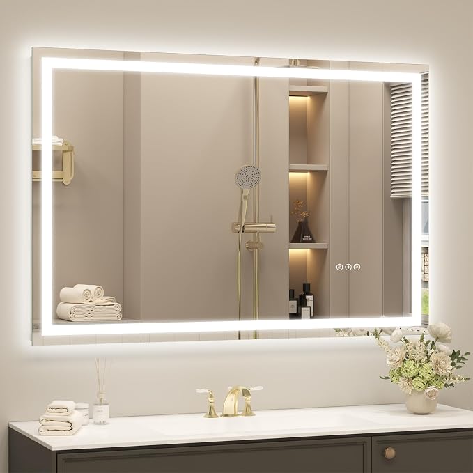 48x32 LED Lighted Bathroom Mirror for Vanity Wall | Front Light and Backlit, Anti-Fog, Memory, 3 Color, Tempered Glass, Dimmable, Rectangular, UL, Horizontal/ Vertical Mounted