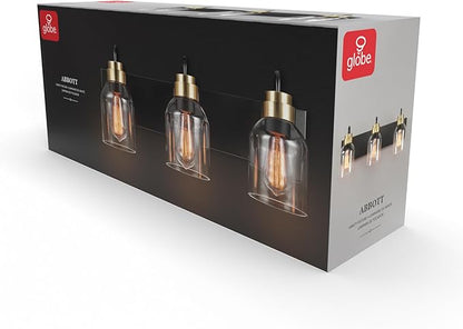 Globe Electric 63000200 22" 3-Light Vanity Light, Matte Black, Matte Brass Accents, Glass Shades, Beauty Room Accessories, Lights for Bathroom, Powder Room Lighting, Bathroom Lights Over Mirror
