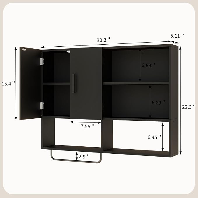 Bathroom Wall Cabinet, Medicine Cabinet, with Towel Bar & 2 Doors, Black