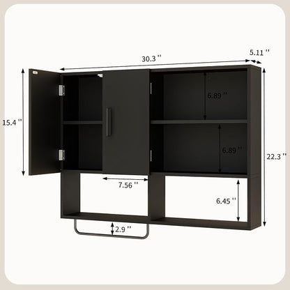 Bathroom Wall Cabinet, Medicine Cabinet, with Towel Bar & 2 Doors, Black